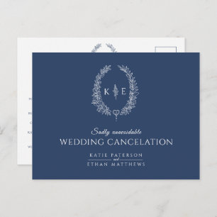 Oval leaf wreath monogram wedding cancellation blu announcement postcard