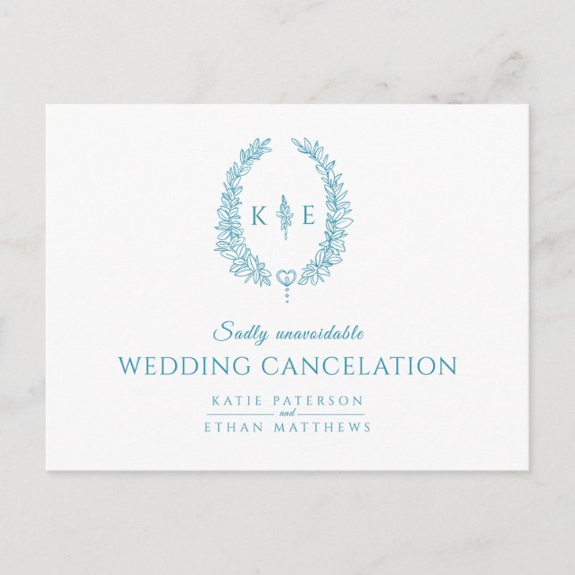 Oval leaf wreath monogram wedding cancellation tea announcement postcard (Front)