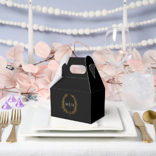 Oval leaves monogram black white gold wedding favour box