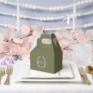 Oval leaves monogram olive green white wedding favour box