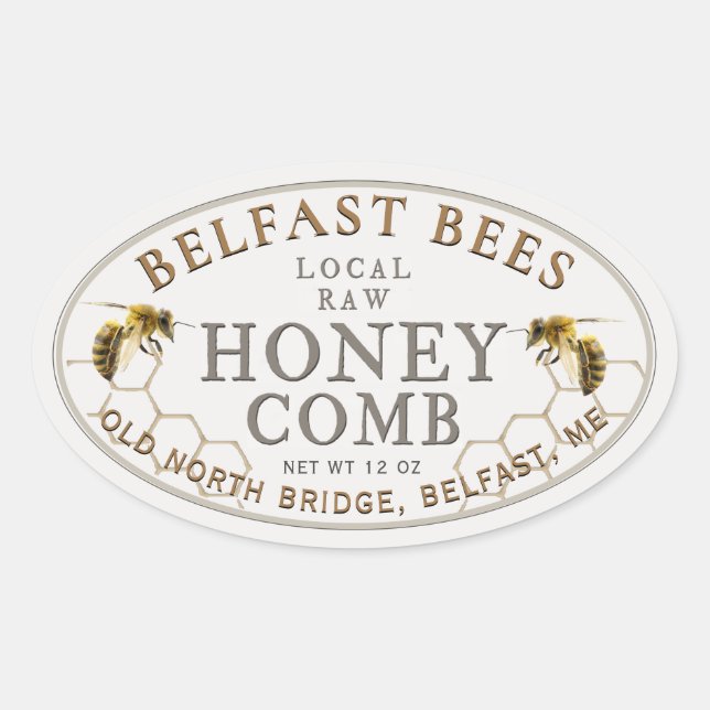 Oval Local Honeycomb with Realistic Bees Label (Front)