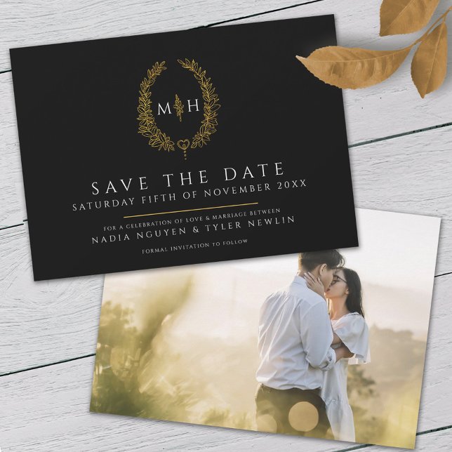 Oval of leaves black white gold photo wedding save the date (Creator Uploaded)