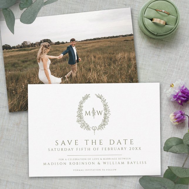 Oval of leaves white olive green photo wedding save the date (Creator Uploaded)