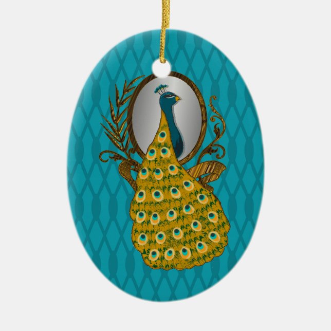 Oval Ornament with Peacock Admiring His Reflection (Front)
