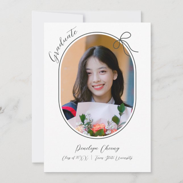 Oval photo with thin border and a minimal bow announcement (Front)