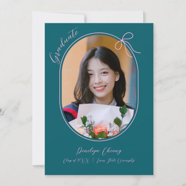 Oval photo with thin border and a minimal bow announcement (Front)
