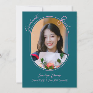 Oval photo with thin border and a minimal bow announcement