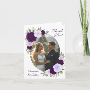 Oval Picture Purple Boho Roses QR Code Wedding Thank You Card