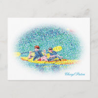 Oval Pointillism kayak river scene, postcards