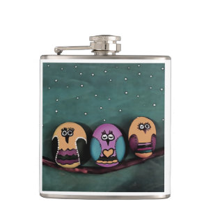 Oval Shaped Owls Against NightSky Primitive Art Hip Flask