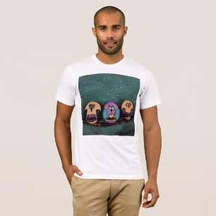 Oval Shaped Owls Against NightSky Primitive Art T-Shirt