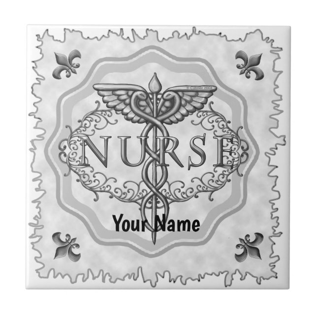 Oval silver caduceus nurse ceramic tile (Front)