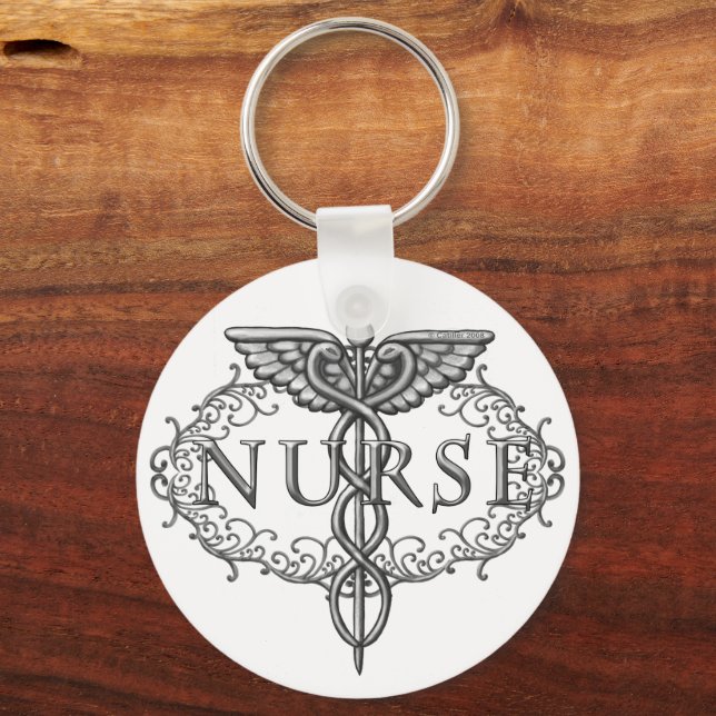 Oval silver caduceus nurse key ring (Front)