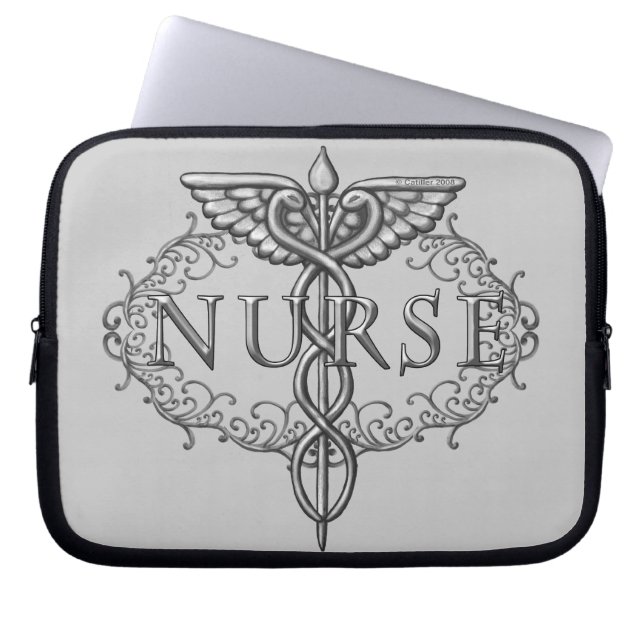Oval silver caduceus nurse laptop sleeve (Front)