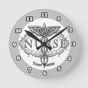 Oval silver caduceus nurse round clock