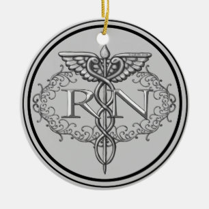 Oval Silver Caduceus RN Nurse Ceramic Ornament