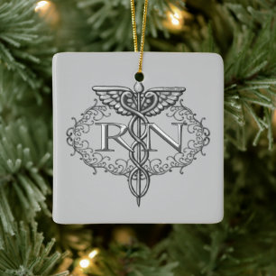 Oval Silver Caduceus RN Nurse Ceramic Ornament