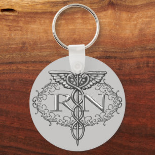 Oval Silver Caduceus RN Nurse Key Ring