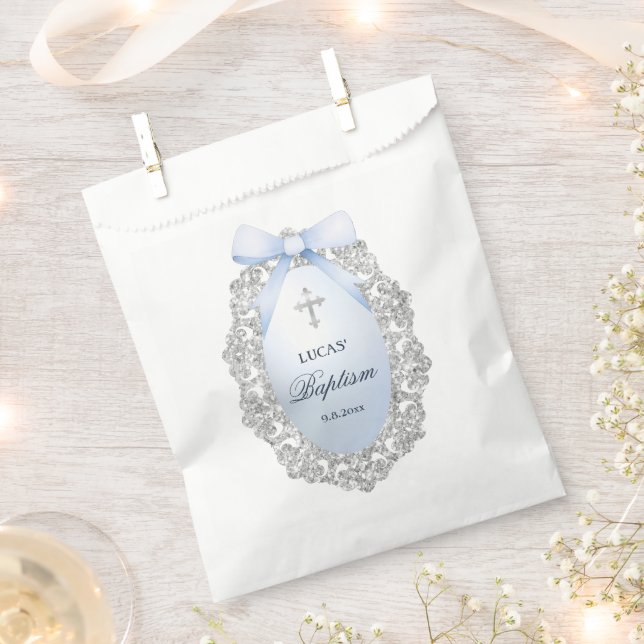 Oval Silver Glitter Frame Blue Bow Baptism Favour Bag (Clipped)