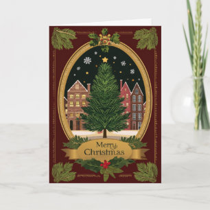 Oval Tree & European Village Christmas Card