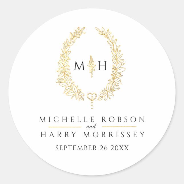 Oval wreath art leaves gold black monogram wedding classic round sticker (Front)