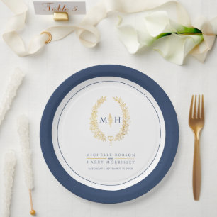 Oval wreath art leaves gold blue monogram wedding paper plate