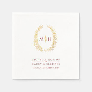 Oval wreath art leaves gold red monogram wedding  napkin