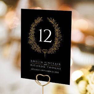 Oval wreath leaf gold white on black wedding table number