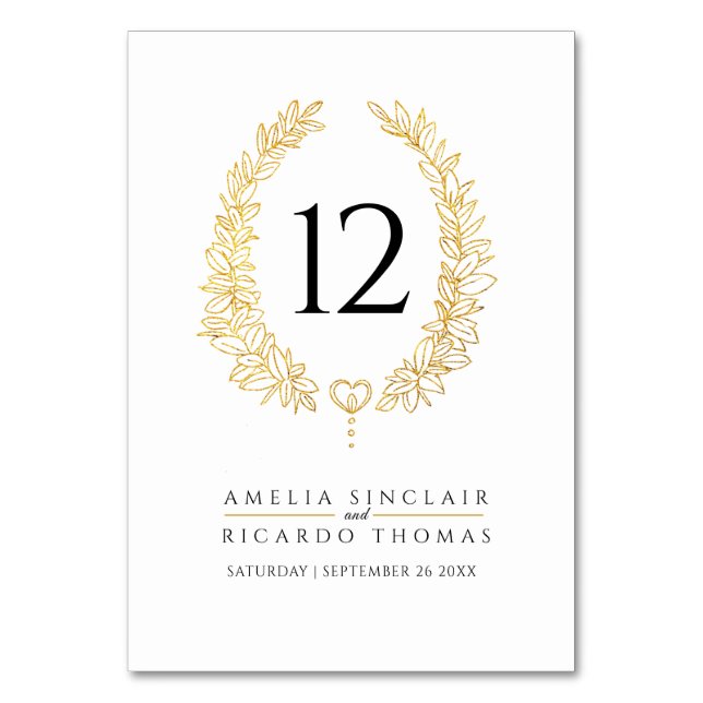Oval wreath leaf in gold on white wedding table number (Front)