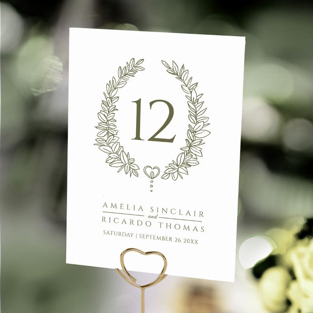 Oval wreath leaf olive green white wedding table number (Creator Uploaded)