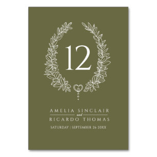 Oval wreath leaf olive green white wedding table number