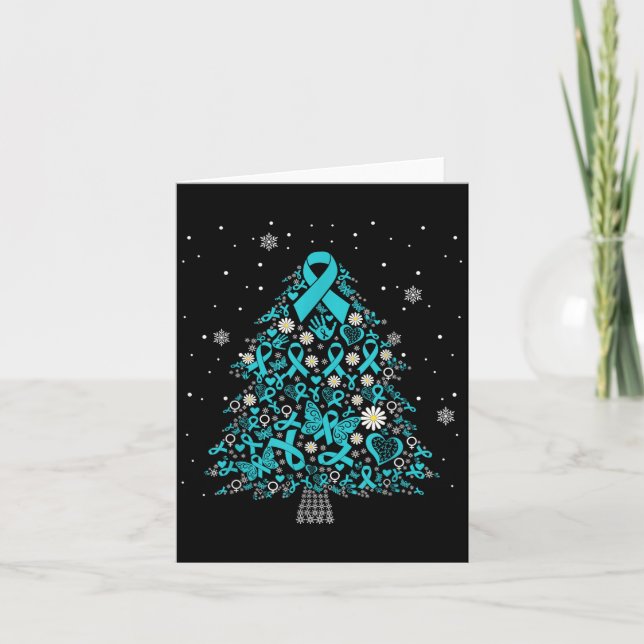 Ovarian Cancer Awareness Christmas Tree Teal Ribbo Card (Front)