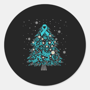 Ovarian Cancer Awareness Christmas Tree Teal Ribbo Classic Round Sticker