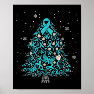 Ovarian Cancer Awareness Christmas Tree Teal Ribbo Poster