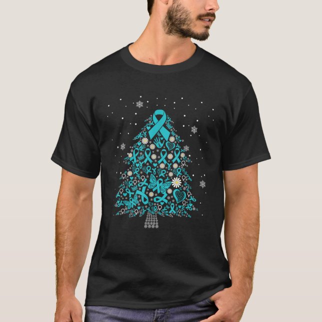 ovarian cancer awareness Christmas tree teal ribbo T-Shirt (Front)
