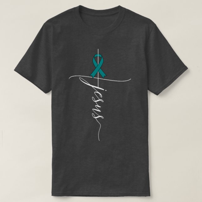Ovarian Cancer Awareness Jesus Teal Ribbon Gift T-Shirt (Design Front)