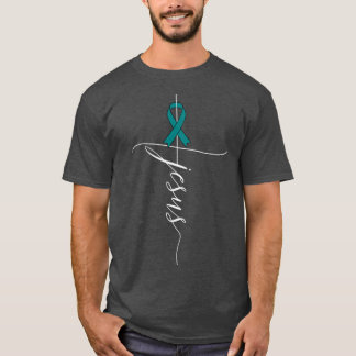 Ovarian Cancer Awareness Jesus Teal Ribbon Gift T-Shirt