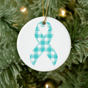 Ovarian Cancer Awareness Plaid Teal Ribbon Ceramic Ornament