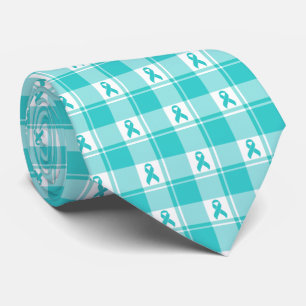 Ovarian Cancer Awareness Plaid Teal Ribbon Tie