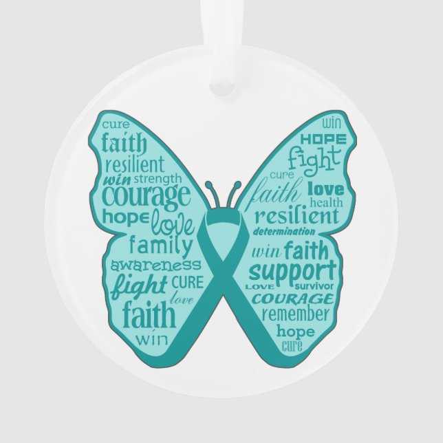 Ovarian Cancer Butterfly Collage of Words Ornament (Back)