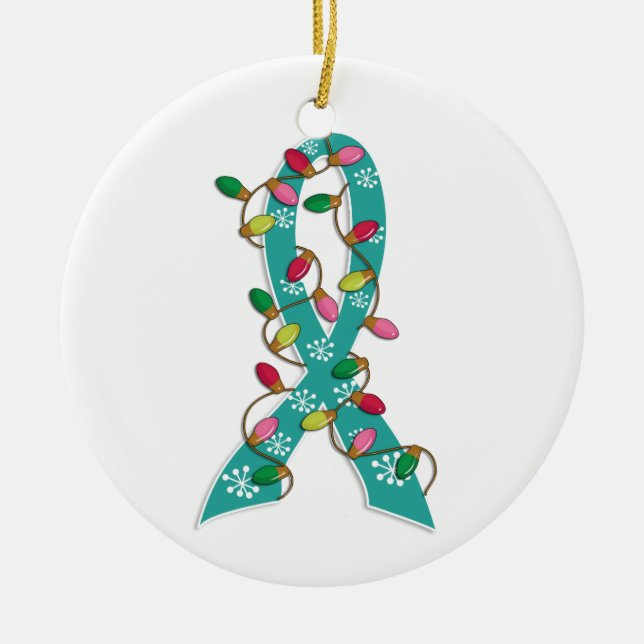 Ovarian Cancer Christmas Lights Ribbon Ceramic Tree Decoration (Front)