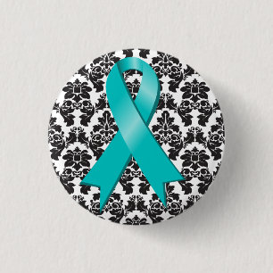 Ovarian Cancer Damask Teal Ribbon 3 Cm Round Badge