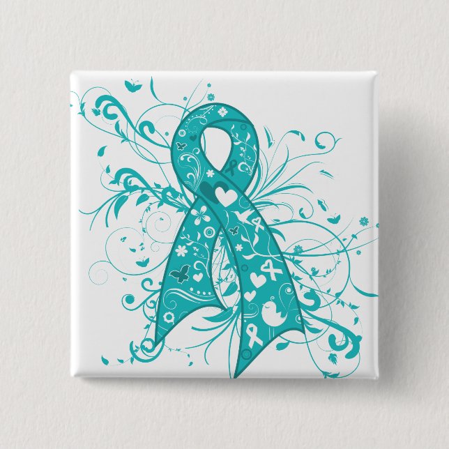 Ovarian Cancer Floral Swirls Ribbon 15 Cm Square Badge (Front)