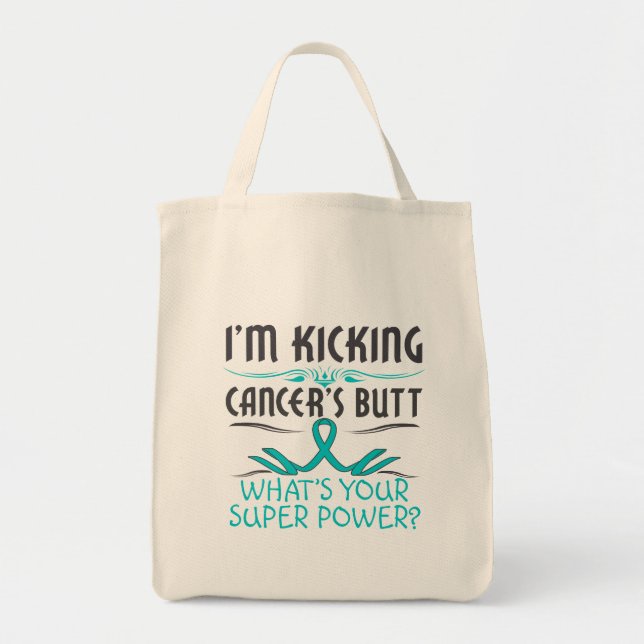 Ovarian Cancer  Kicking Cancer Butt Super Power Tote Bag (Front)