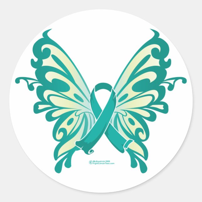 Ovarian Cancer Ribbon Butterfly Classic Round Sticker (Front)