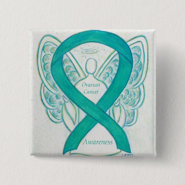 Ovarian Cancer Teal Awareness Ribbon Angel Pin (Front)