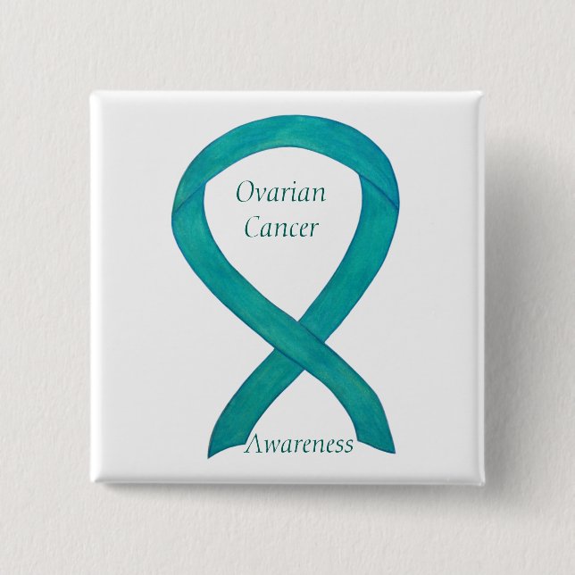 Ovarian Cancer Teal Awareness Ribbon Custom Pin (Front)