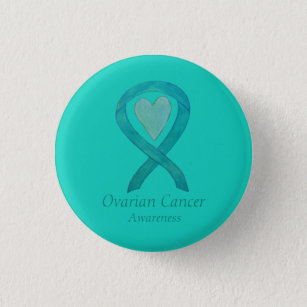 Ovarian Cancer Teal Awareness Ribbon Heart Button
