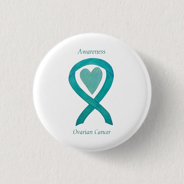 Ovarian Cancer Teal Awareness Ribbon Heart Pin (Front)