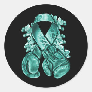 Ovarian Cancer Teal Ribbon With Boxing Gloves Awar Classic Round Sticker